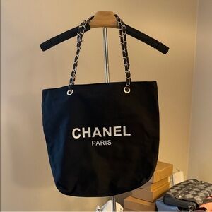 CHANEL Classic Black Tote with White Logo